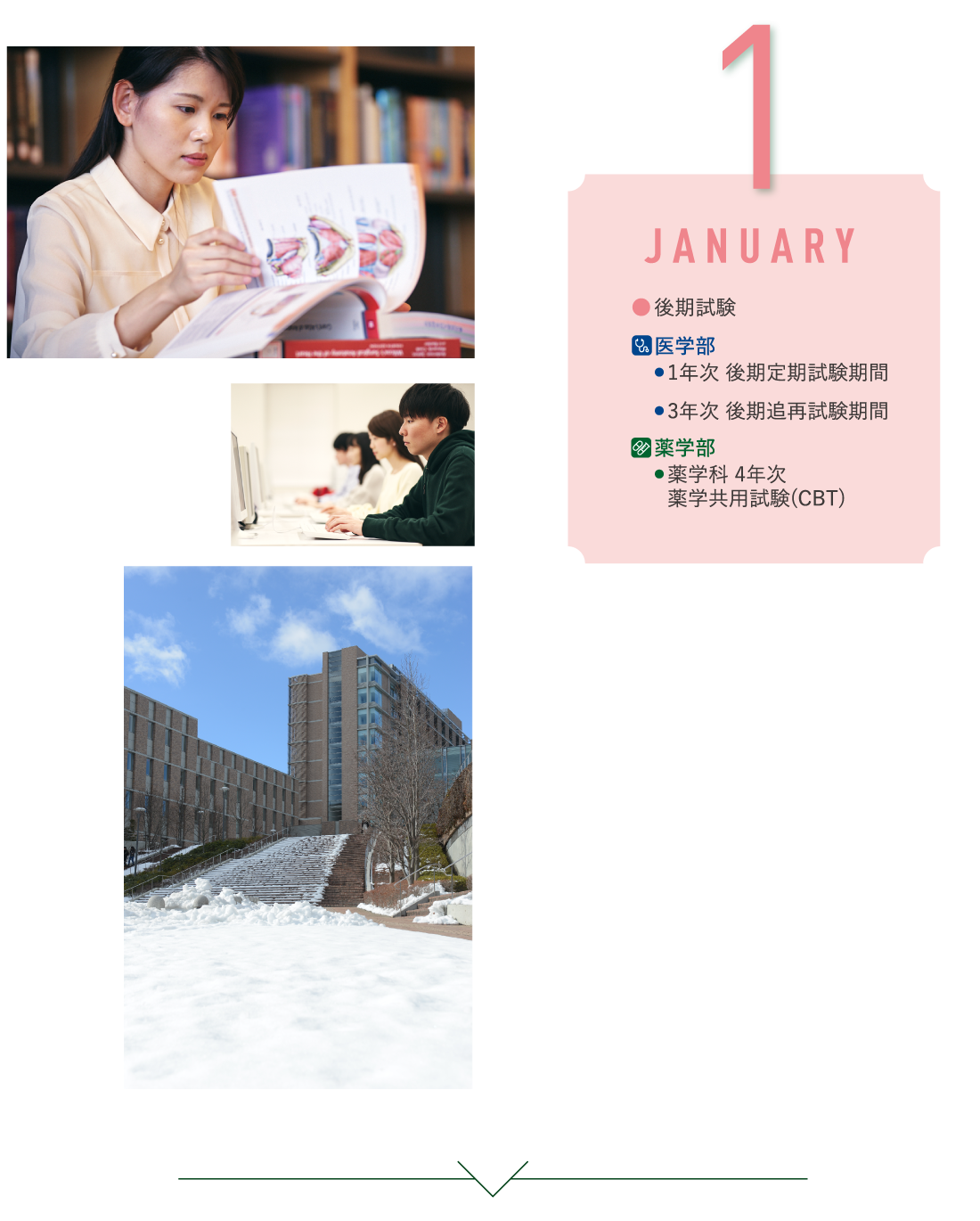 1月 後期試験/薬学部・薬学科 4年次・薬学共用試験(CBT)/医学部・1年次 後期定期試験期間・3年次 後期追再試験期間