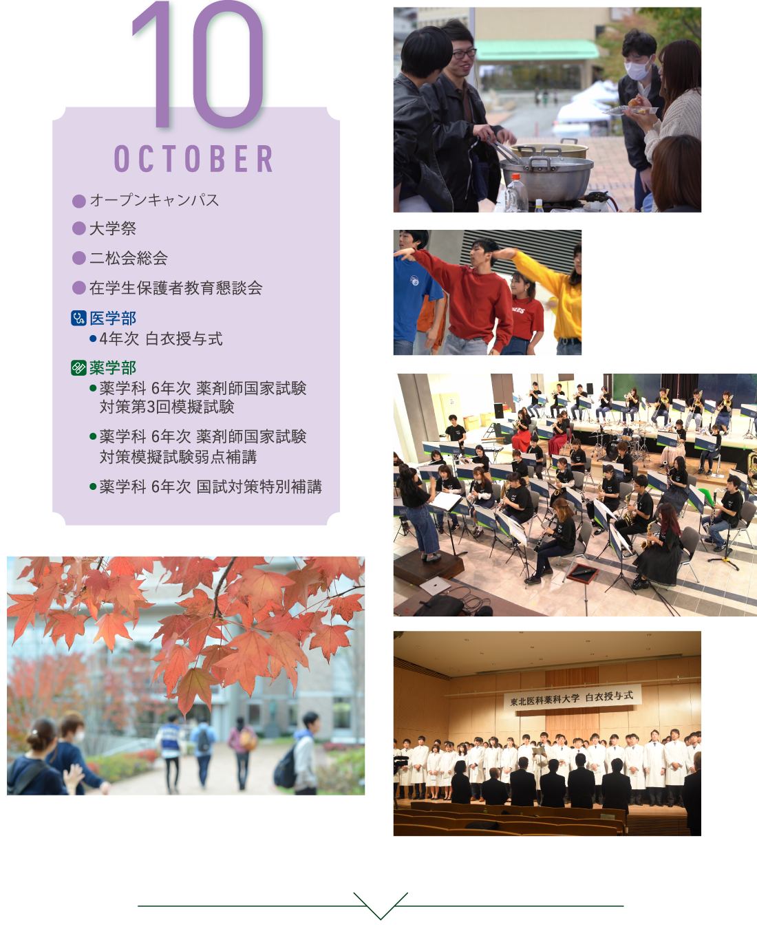 10月 大学祭・二松会総会・在学生保護者教育懇談会/薬学部・薬学科 6年次 薬剤師国家試験・対策第3回模擬試験・薬学科 6年次 薬剤師国家試験・対策模擬試験弱点補講・薬学科 6年次 国試対策特別補講I/医学部・4年次 白衣授与式