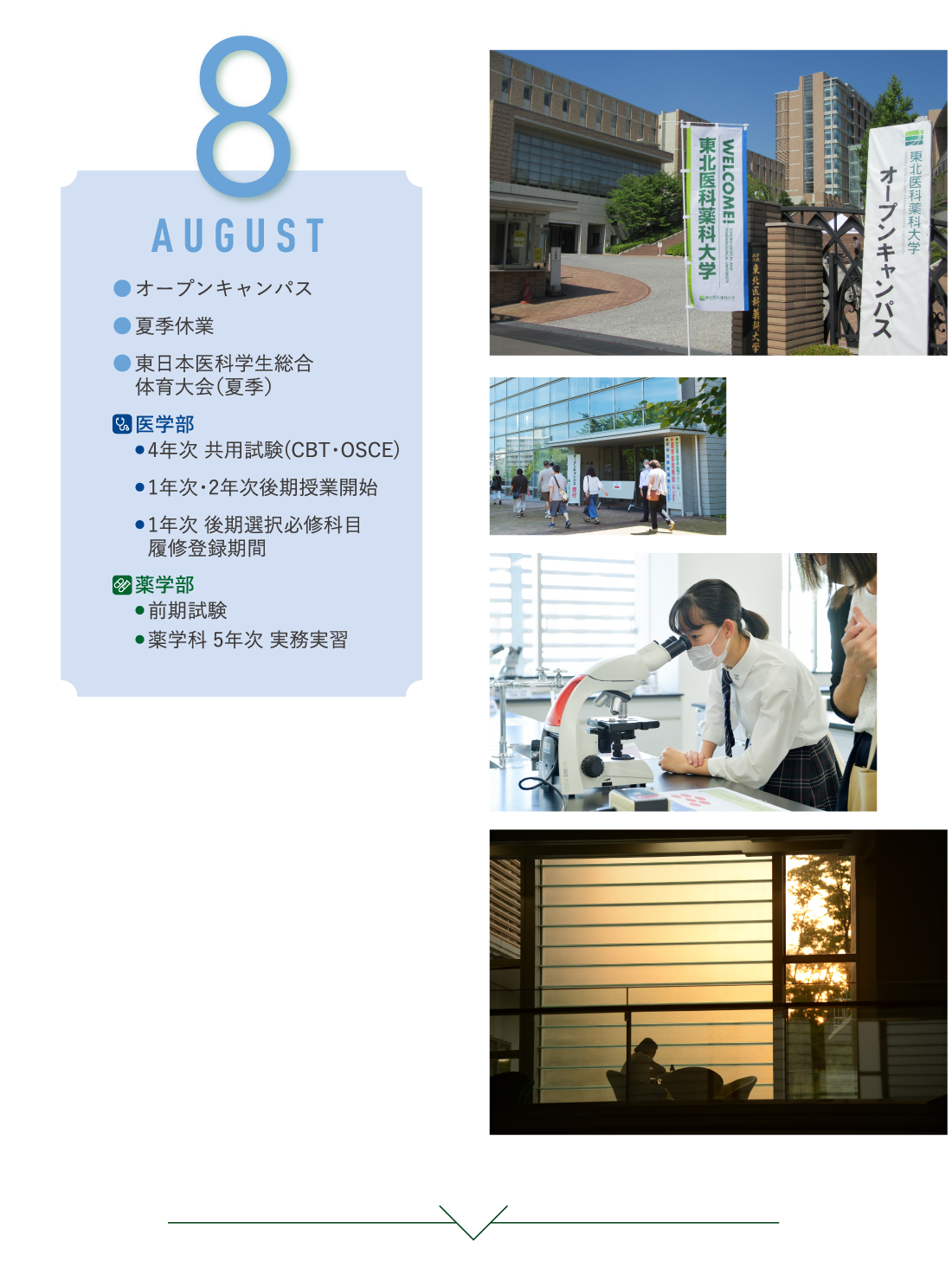 8月 オープンキャンパス・夏季休業・東日本医科学生総合体育大会（夏季）/薬学部・前期試験・薬学科 5年次 実務実習/医学部・4年次 共用試験(CBT・OSCE)・1年次・2年次後期授業開始・1年次 後期選択必修科目・ 履修登録期間